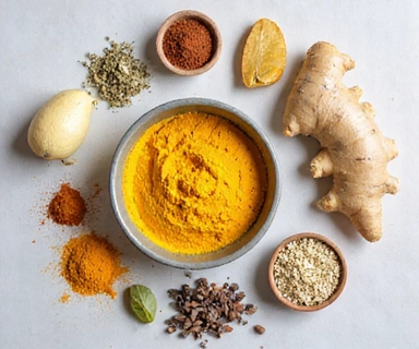 Natural ingredients including spices, seeds, and roots