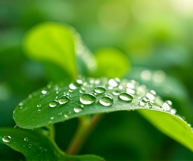 Pure water droplets on fresh green leaves