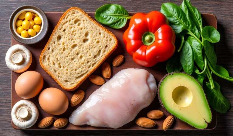 Colorful array of B-vitamin rich foods including whole grains, eggs, nuts, and vegetables