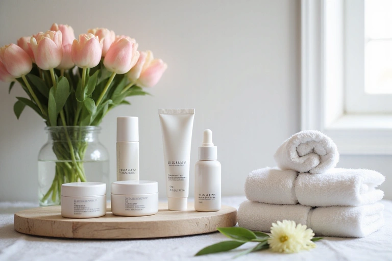 Serene spa setting with facial care products and fresh flowers