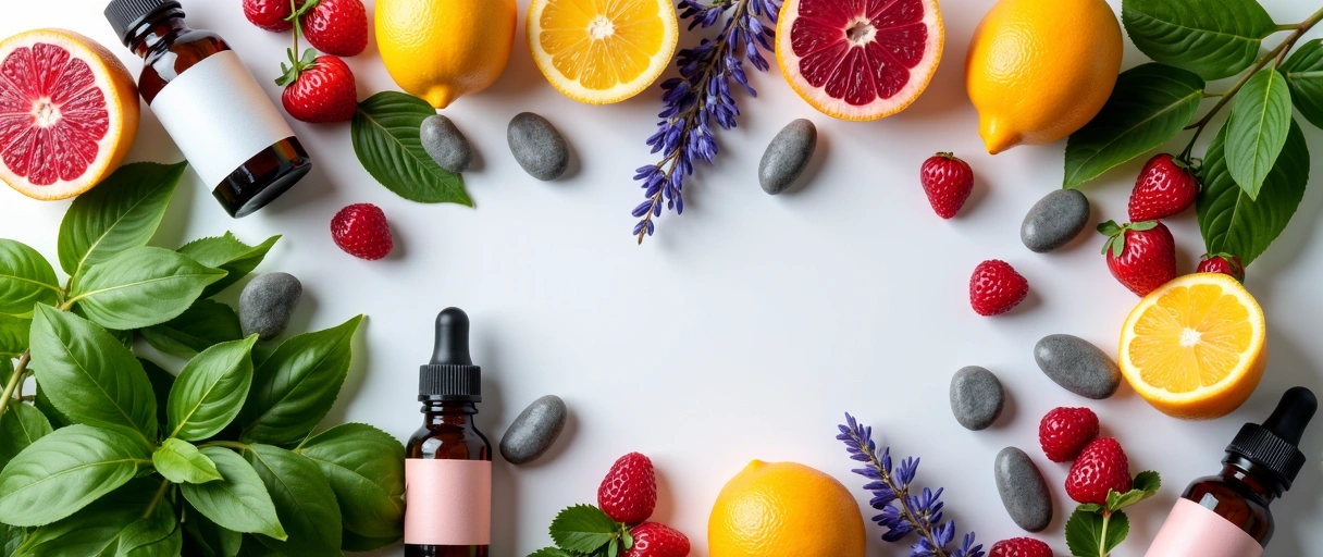 Serene natural wellness scene with herbs, fruits, and botanical elements